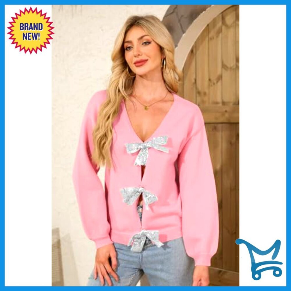 Oversized Knit Cardigan Open Front Sequin Bow V-Neck Reversible Chic Fall - Picture 3 of 7